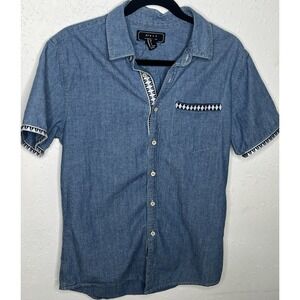 21 MEN Men's Blue Cotton Chambray Solid Short Sleeve Point Collar Shirt S